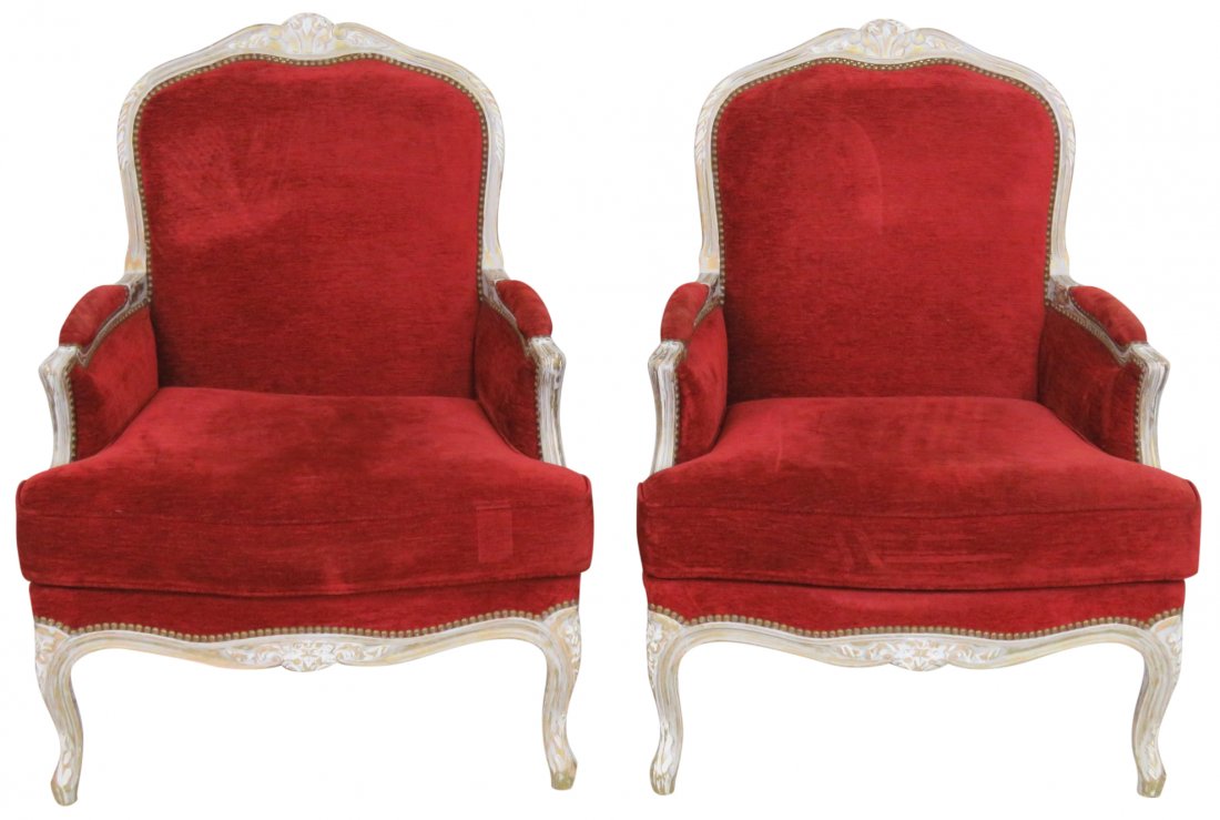 Pair LOUIS XV STYLE CARVED & PAINTED BERGERES: Finely carved frames. Distressed cream paint over gilt. 38"h. x 26 3/4"w. x 30"d.