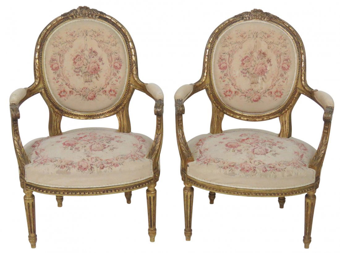 Pair ANTIQUE LOUIS XVI STYLE GILT CARVED FAUTEUILS (1 of 5)