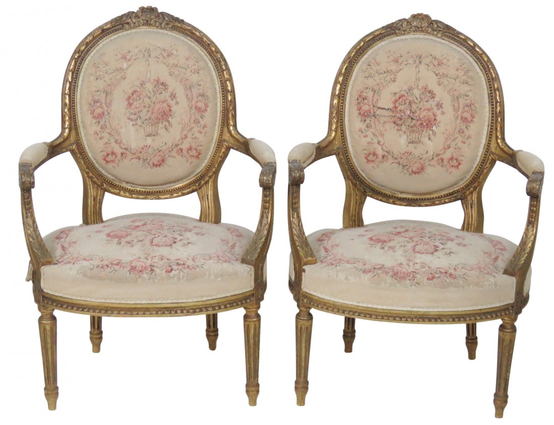 Pair ANTIQUE LOUIS XVI STYLE GILT CARVED FAUTEUILS (1 of 5)