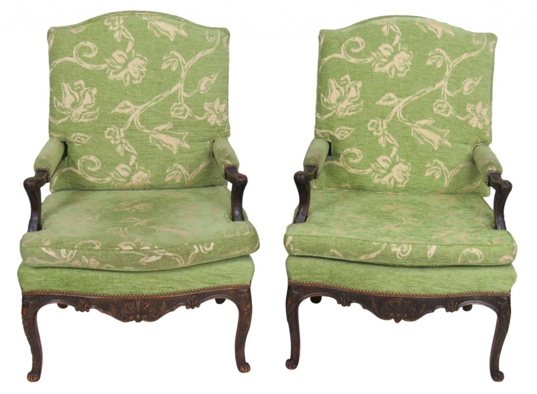 Pair LOUIS XVI STYLE CARVED WALNUT FAUTEUILS (1 of 3)
