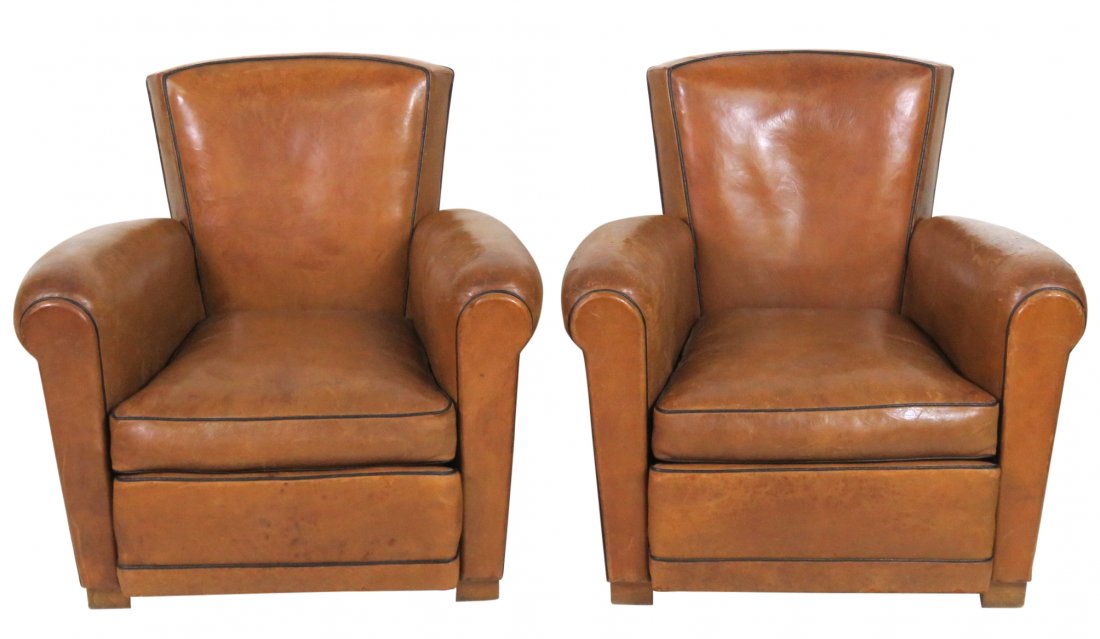 Pair FRENCH ART DECO LEATHER CLUB CHAIRS (1 of 4)