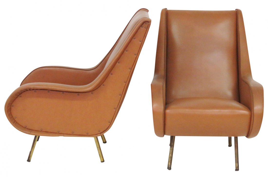 Pair ZANUSO STYLE BRASS LEG LOUNGE CHAIRS (1 of 5)