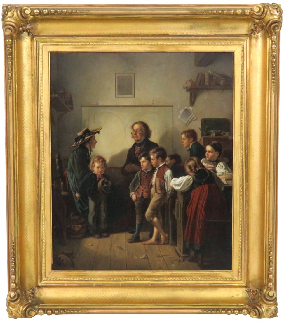 19th c. CONTINENTAL OIL PAINTING CHILDREN in CLASSROOM (1 of 5)