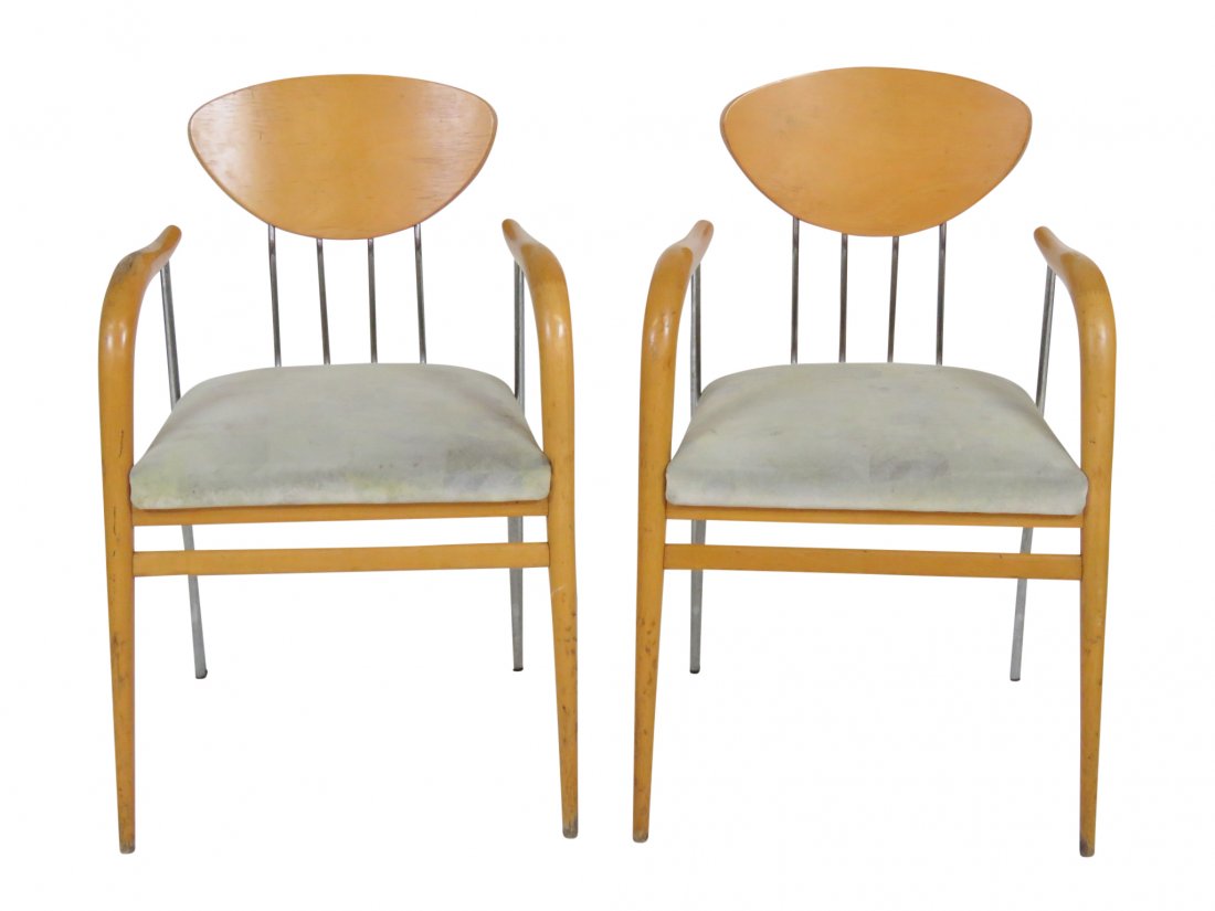 Pair ITALIAN MODERN CHROME & BIRCH ARMCHAIRS: Italian armchairs. 32 1/2"h. x 21"w. x 19"d.