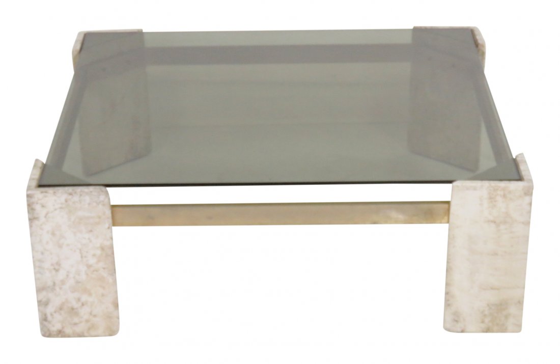 MODERN TRAVERTINE SMOKE GLASS COCKTAIL TABLE (1 of 3)