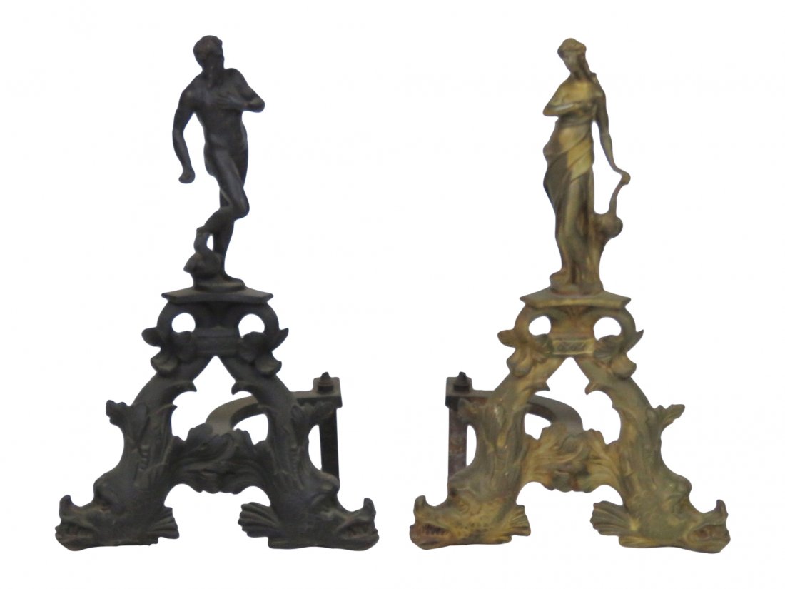 Pair 25" ANTIQUE BRONZE FIGURAL ANDIRONS (1 of 6)