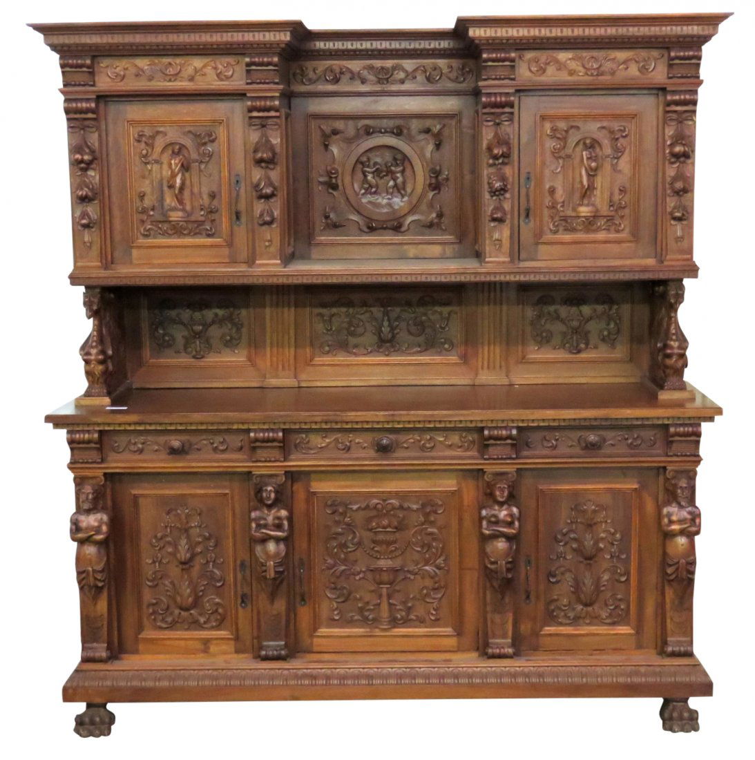 19th c. CONTINENTAL FIGURAL CARVED WALNUT SIDEBOARD (1 of 4)