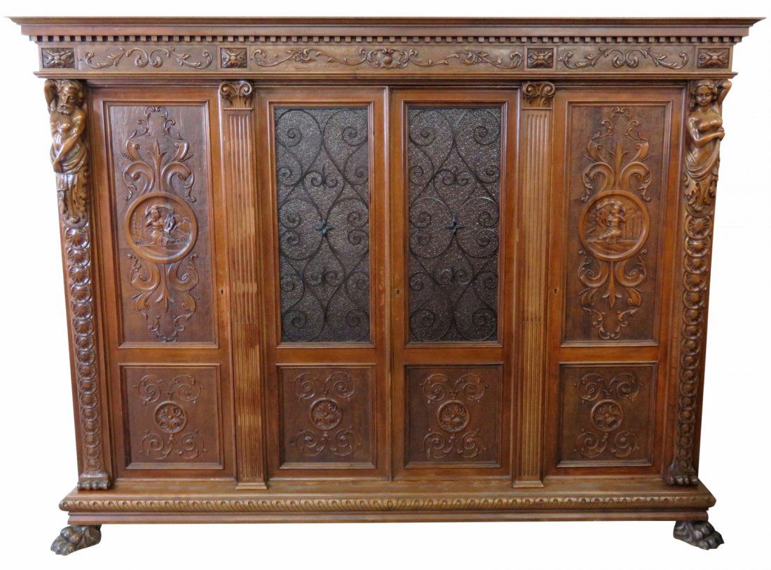 19th c. CONTINENTAL FIGURAL CARVED WALNUT BOOKCASE (1 of 4)