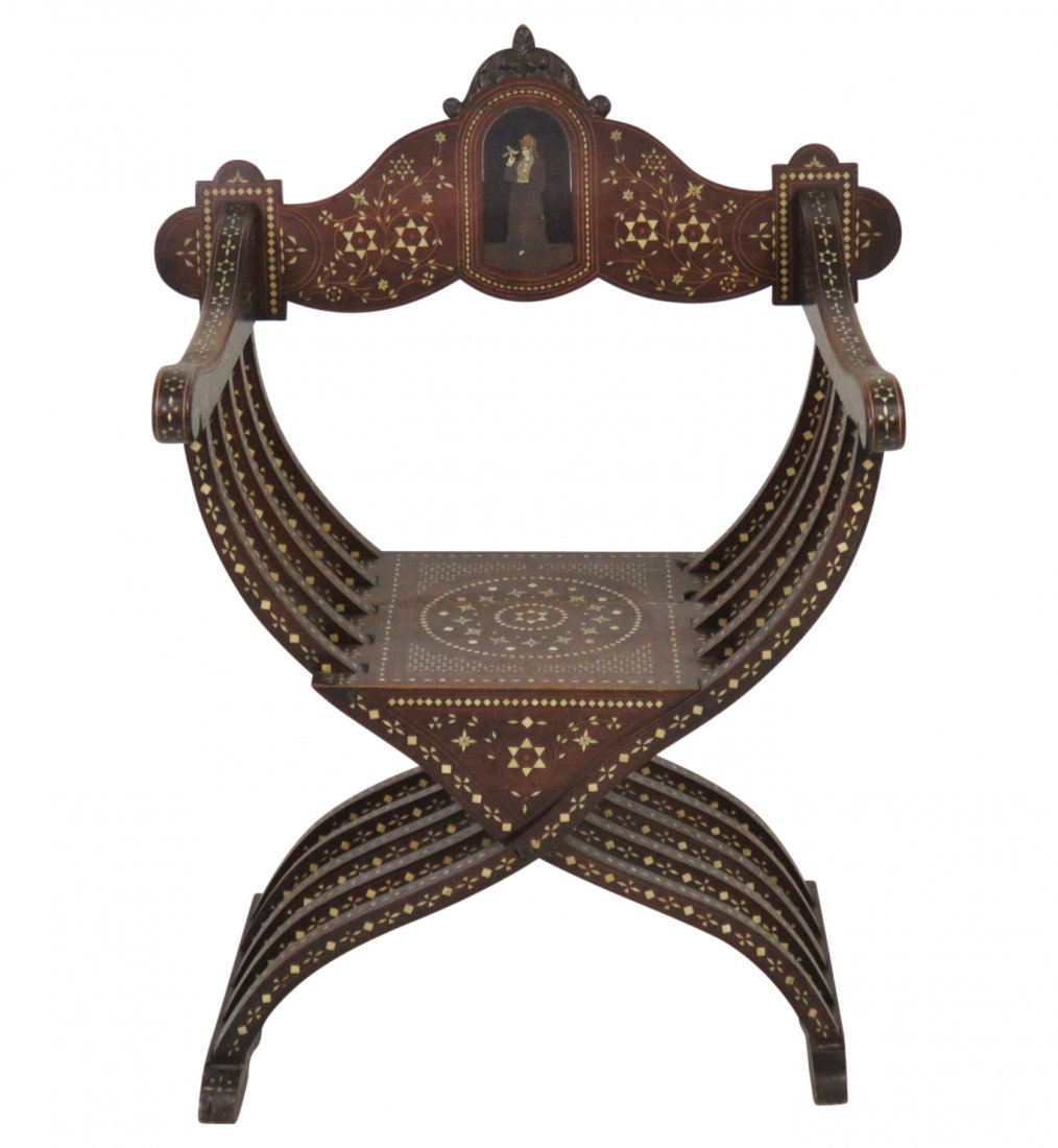 ANTIQUE MOORISH INLAID SAVANAROLA CHAIR: Rosewood with inlay. 39 1/4"h. x 30 1/2"w. x 21 1/2"d.