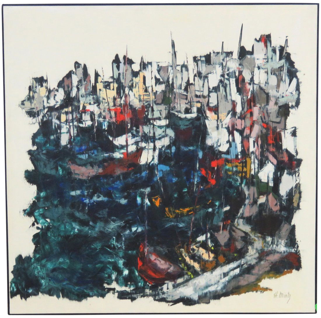 HARRY MINTZ ABSTRACT MODERN PAINTING TORREMOLINAS: Oil on canvas. Signed H. Mintz. Gallery label on back. 48"h. x 48"w.