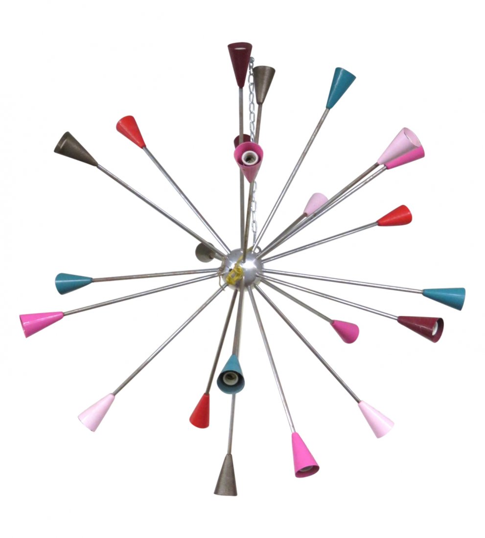 52" ITALIAN SPUTNIK CHANDELIER: Multi colored painted shades.