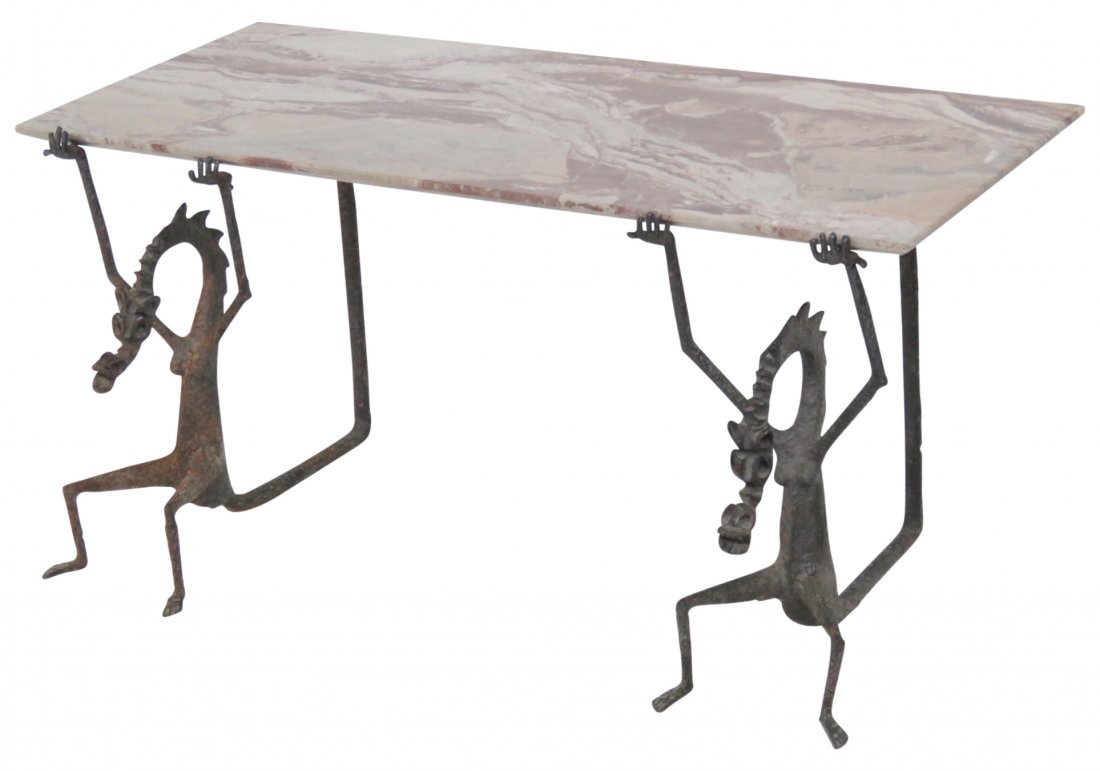GIACOMETTI INFLUENCED FIGURAL IRON & MARBLE CONSOLE (1 of 3)