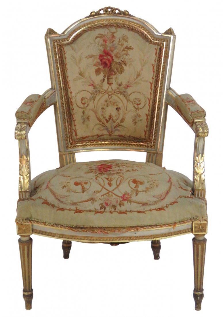 ANTIQUE LOUIS XVI STYLE GILT AUBUSSON FAUTEUIL: Painted and gilt carved wood frame. 36 1/2"h. x 25"w. x 26"d.