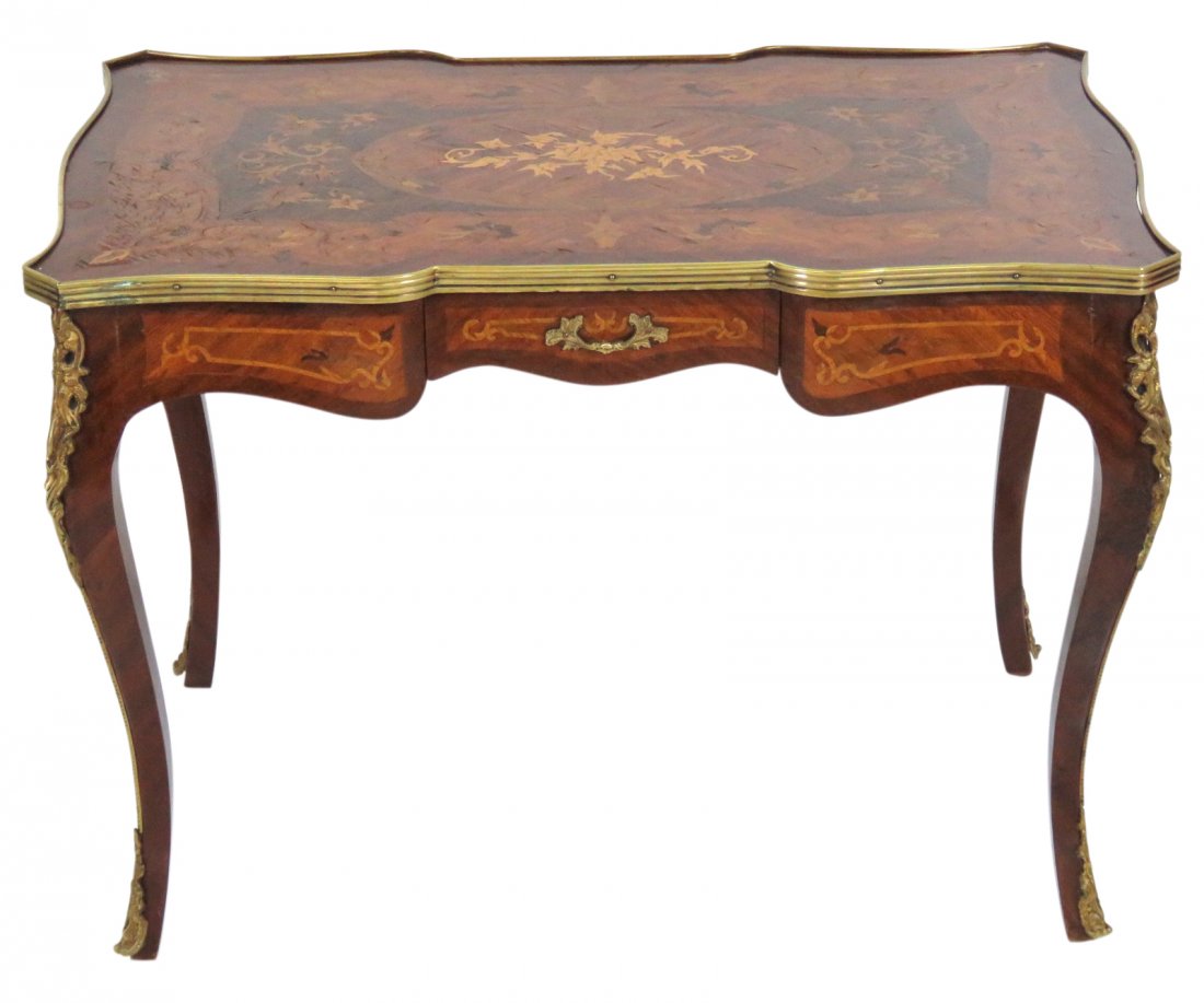 LOUIS XV STYLE BRONZE MOUNTED BUREAUPLAT: Rosewood with inlay. 28"h. x 39"w. x 24"d.