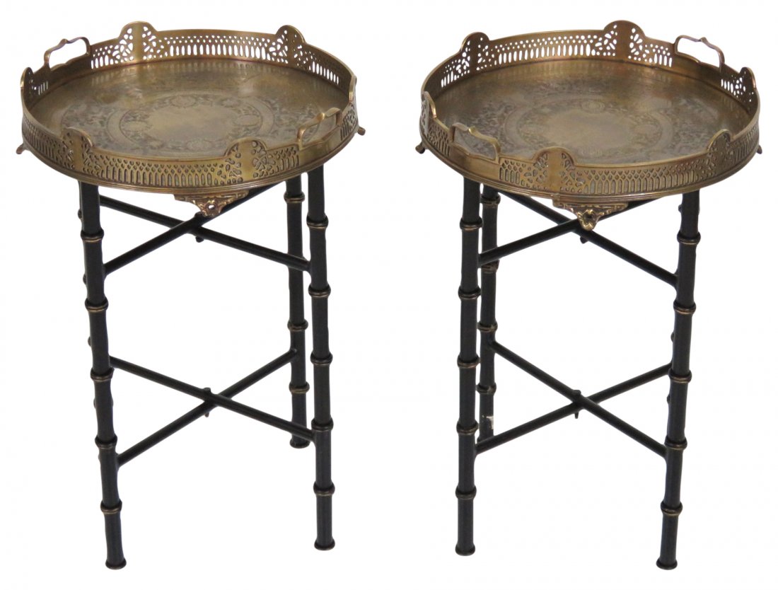 Pair BAMBOO FORM TABLES w/ BRONZE TRAYS (1 of 3)