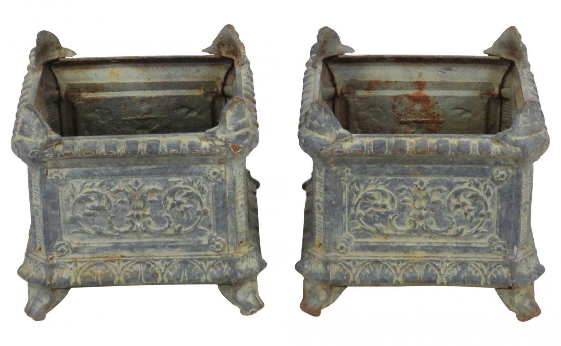Pair SQUARE CAST IRON GARDEN PLANTERS (1 of 2)