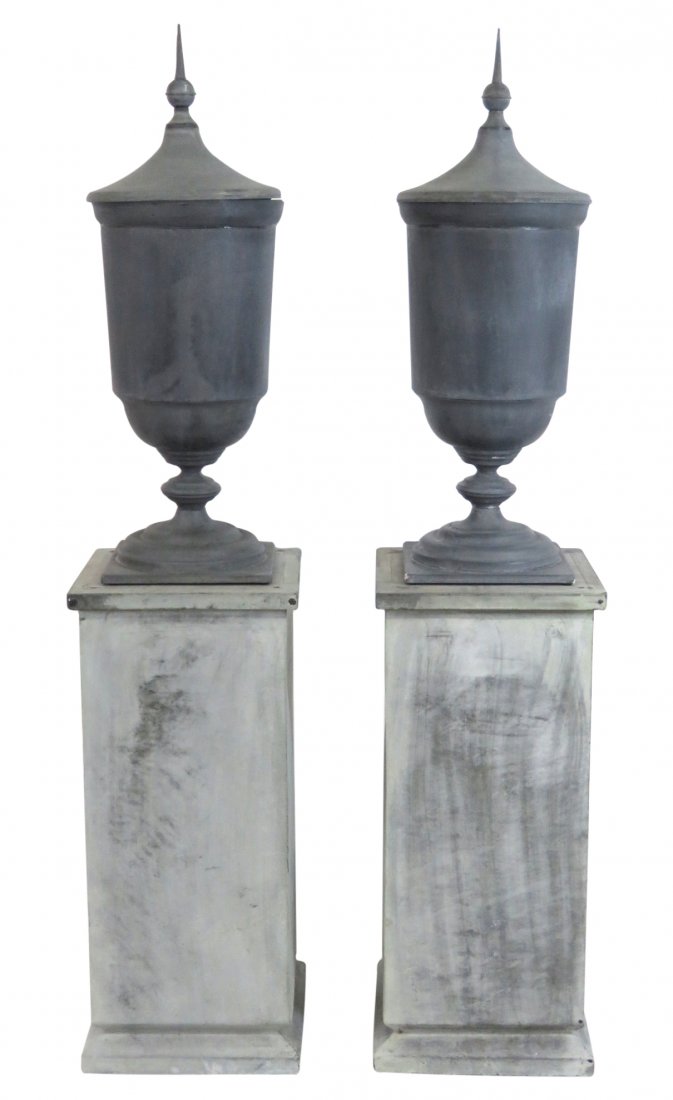 Pair RESTORATION HARDWARE TIN URNS ON PEDESTALS (1 of 2)