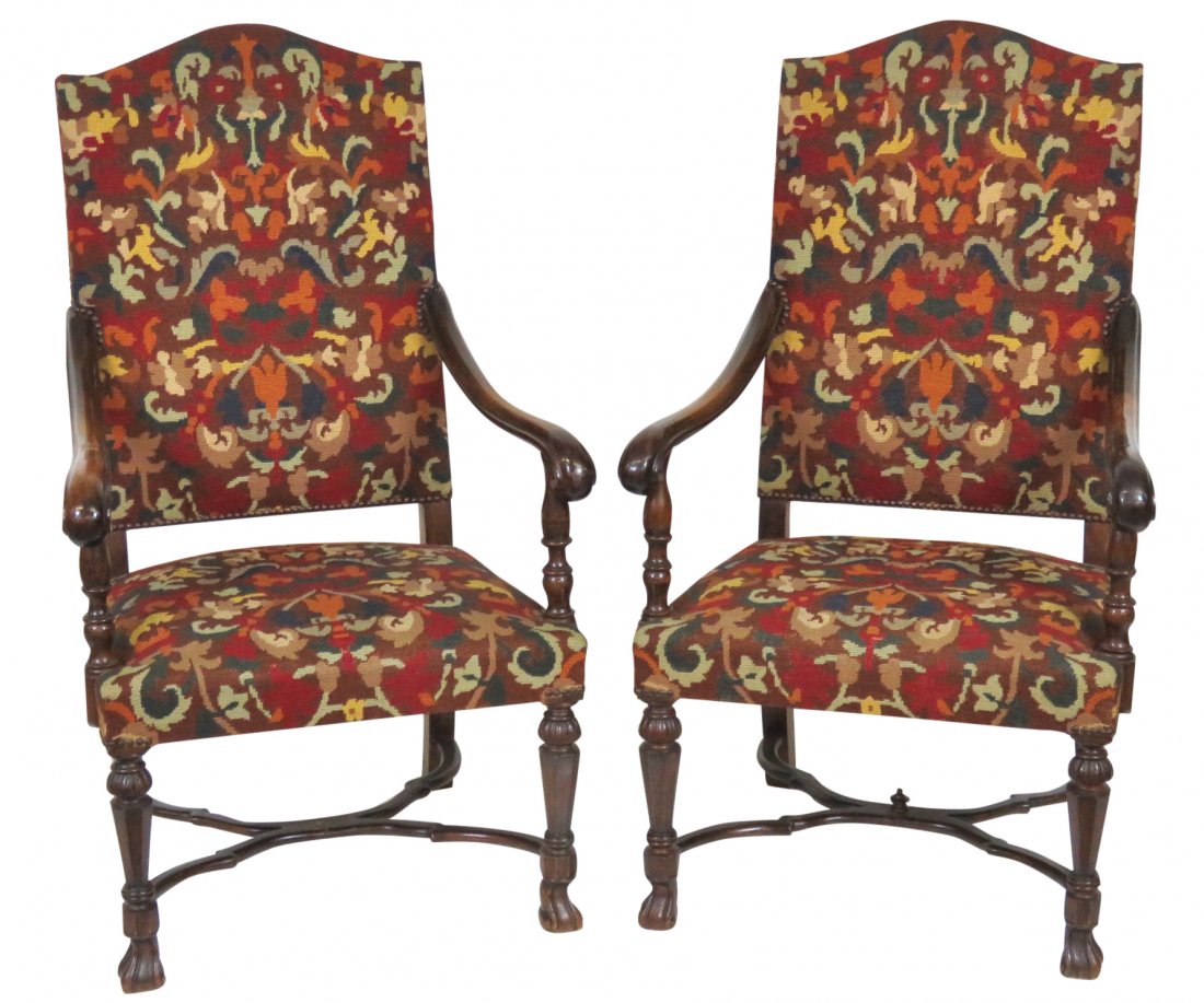 Pair ANTIQUE HIGHBACK NEEDLEPOINT ARMCHAIRS (1 of 4)