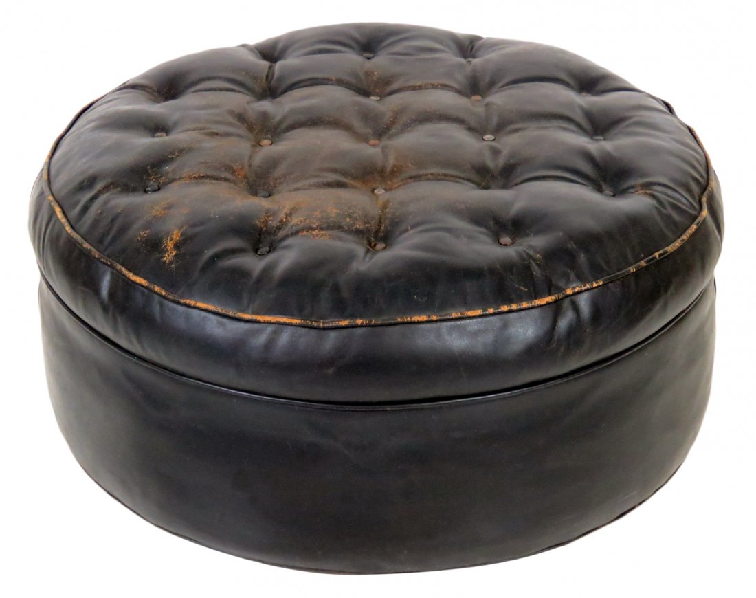 30" ROUND DISTRESSED BLACK LEATHER OTTOMAN (1 of 3)
