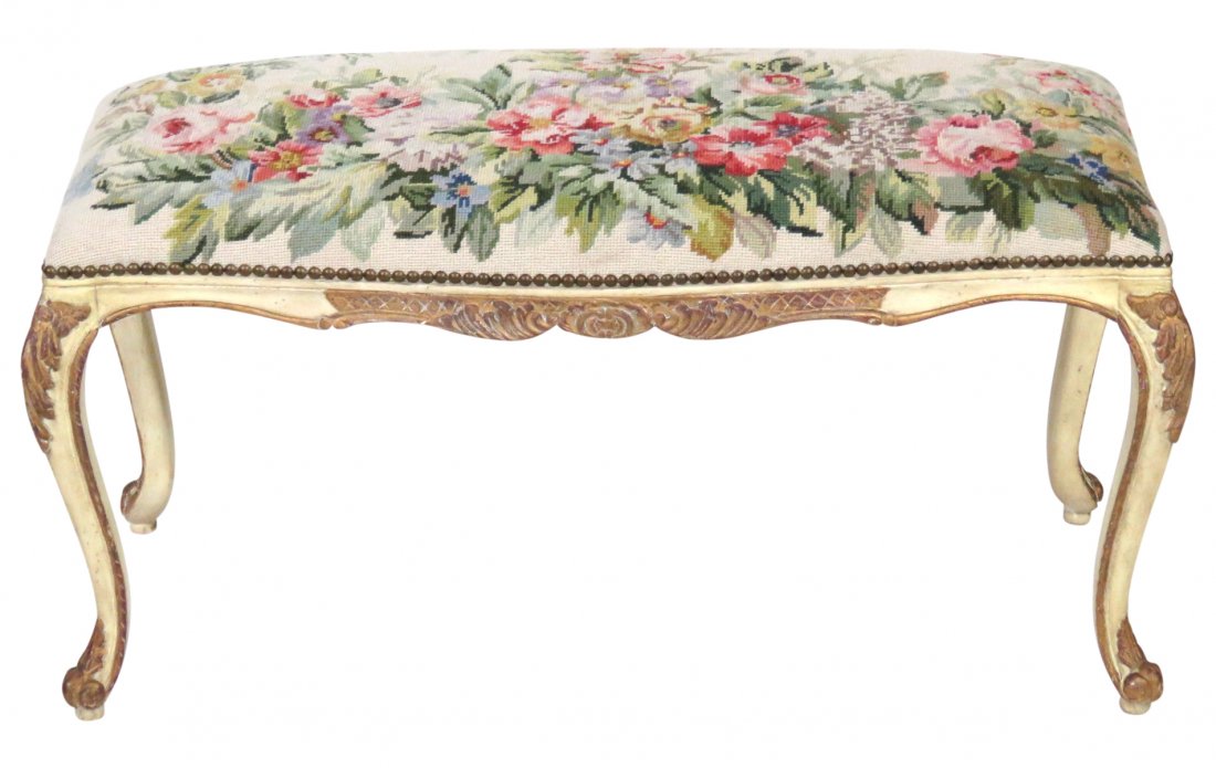 FRENCH PAINTED & GILT NEEDLEPOINT BENCH (1 of 3)