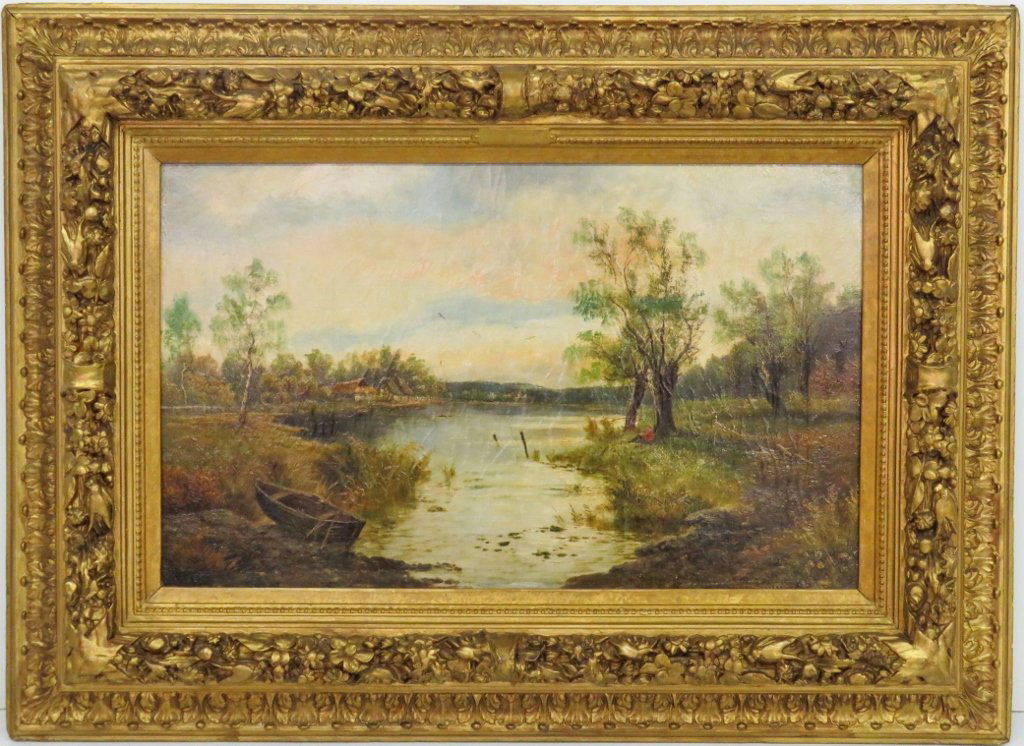 19th c. H. RAINER OIL PAINTING of LANDSCAPE w/ LAKE (1 of 8)