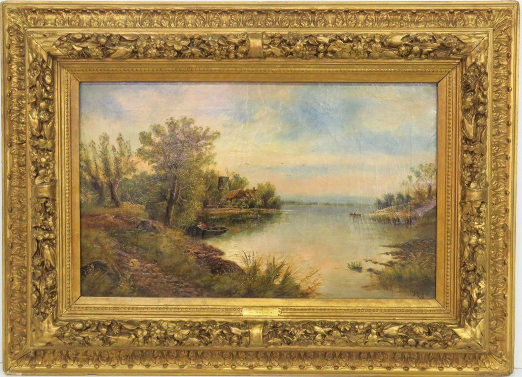 19th c. H. RAINER OIL PAINTING of LANDSCAPE w/ LAKE (1 of 6)