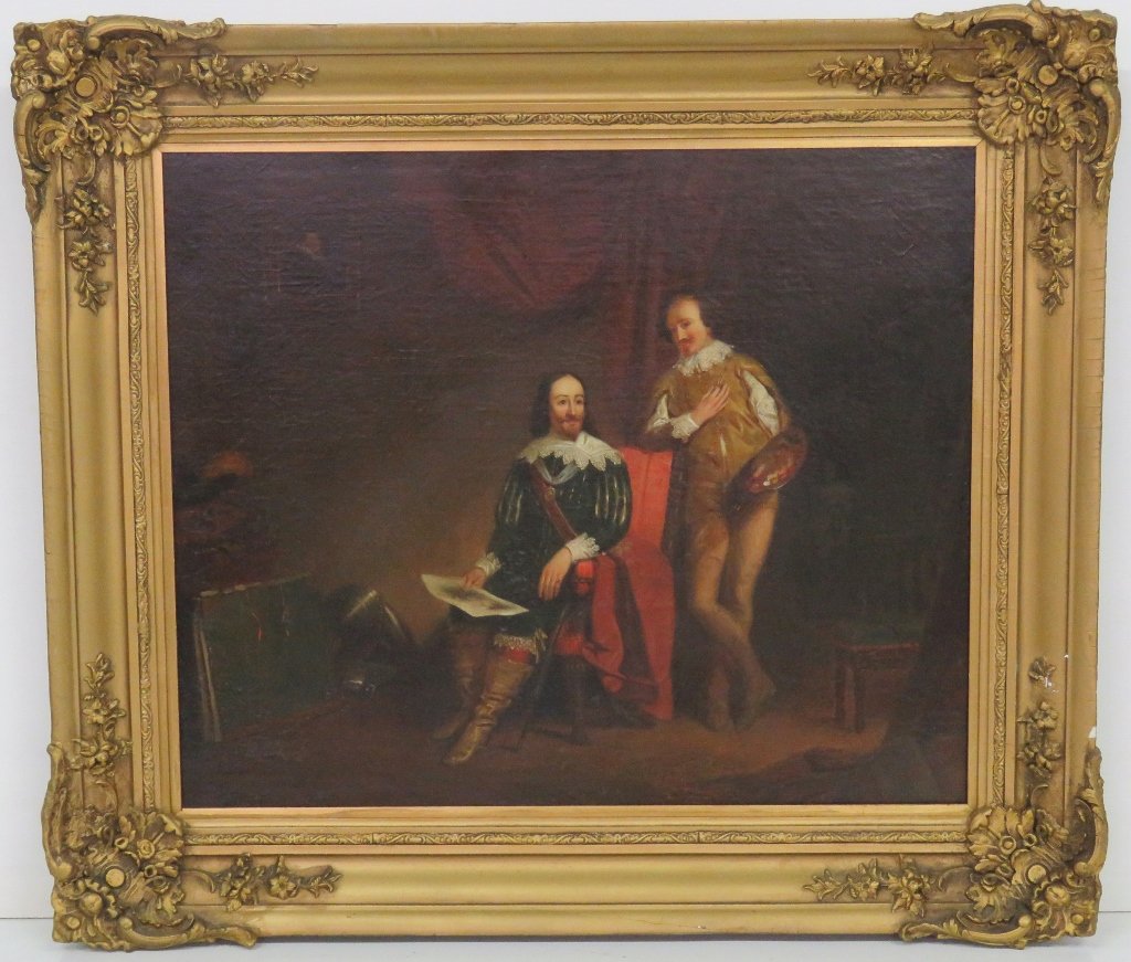 19th c. OIL PAINTING OF A DUTCH ARTIST IN STUDIO: Image of a Dutch golden age artist, possibly Franz Hals, with his subject. Oil on canvas. Unsigned. 24"h. x 30"w. Frame 33"h. x 38"w.