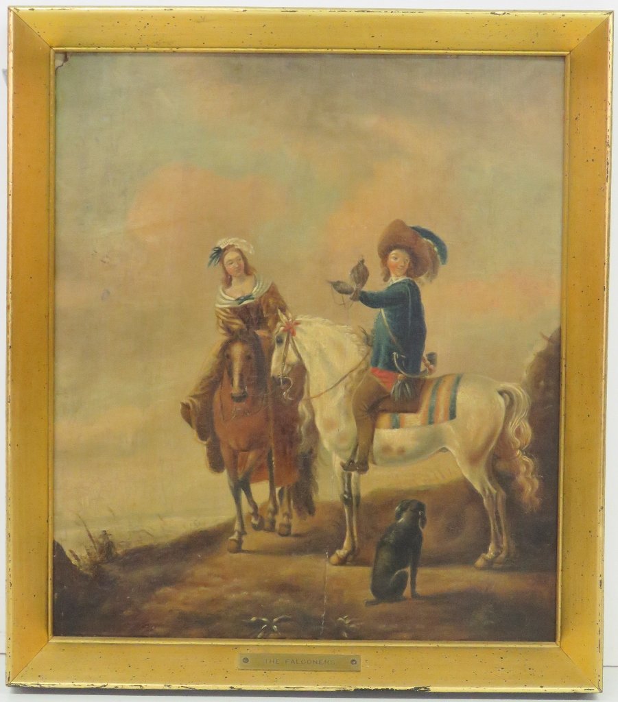 OIL PAINTING of FALCONERS att. PHILIPS WOUWERMAN: Oil on board. Unsigned. 15"h. x 13"w. Frame 16 3/4"h. x 14 3/4"w.