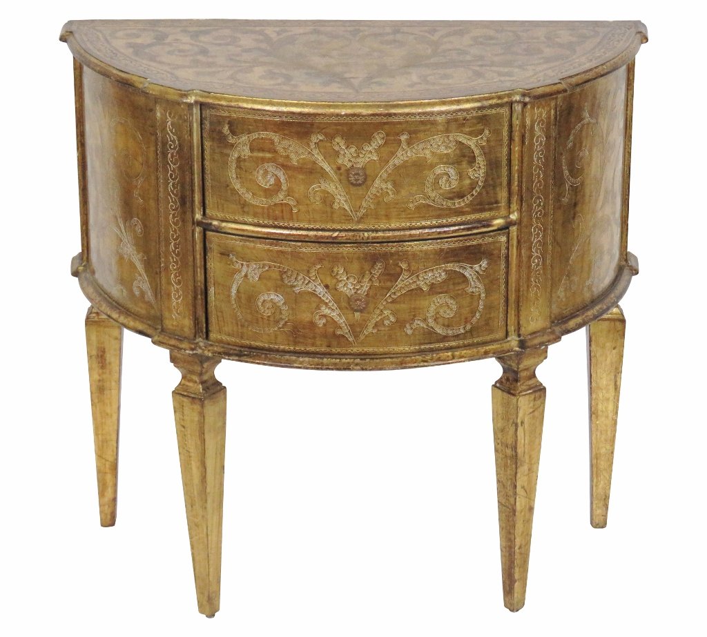 VINTAGE FLORENTINE GILT DEMILUNE COMMODE: Distressed gilt finish. 29 1/4"h. x 31 1/4"w. x 15 3/4"d.