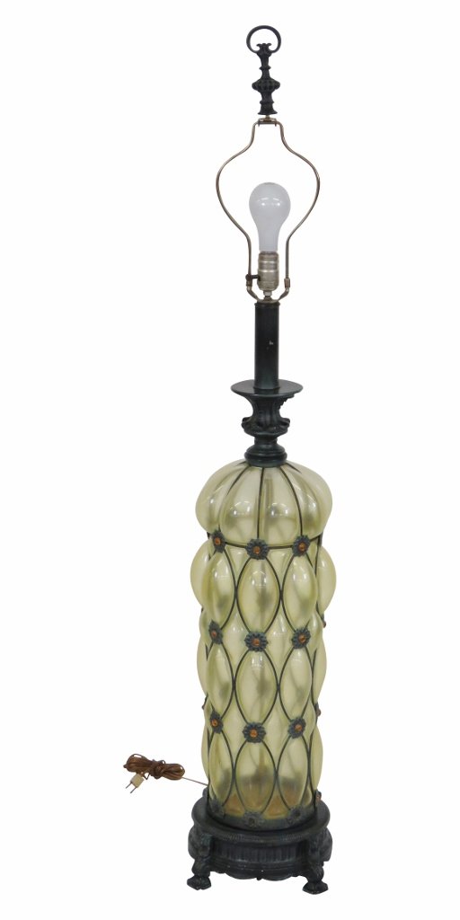 VINTAGE ITALIAN CAPTURED GLASS TABLE LAMP: Blown glass in metal frame. 53"h. Glass measures 23"h.