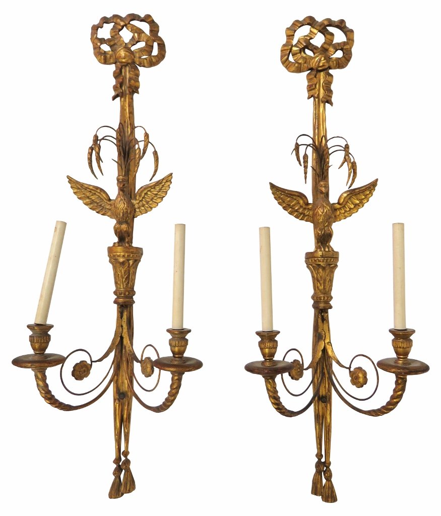 Pair 44" VINTAGE ITALIAN GILT WOOD SCONCES w/ EAGLES (1 of 6)
