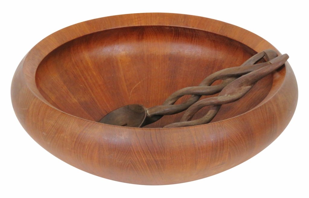 DANSK DESIGNS DANISH TEAK SALAD BOWL w/ TONGS: Teak bowl with tongs. Marked Dansk Designs Denmark. 16 3/4"diam.