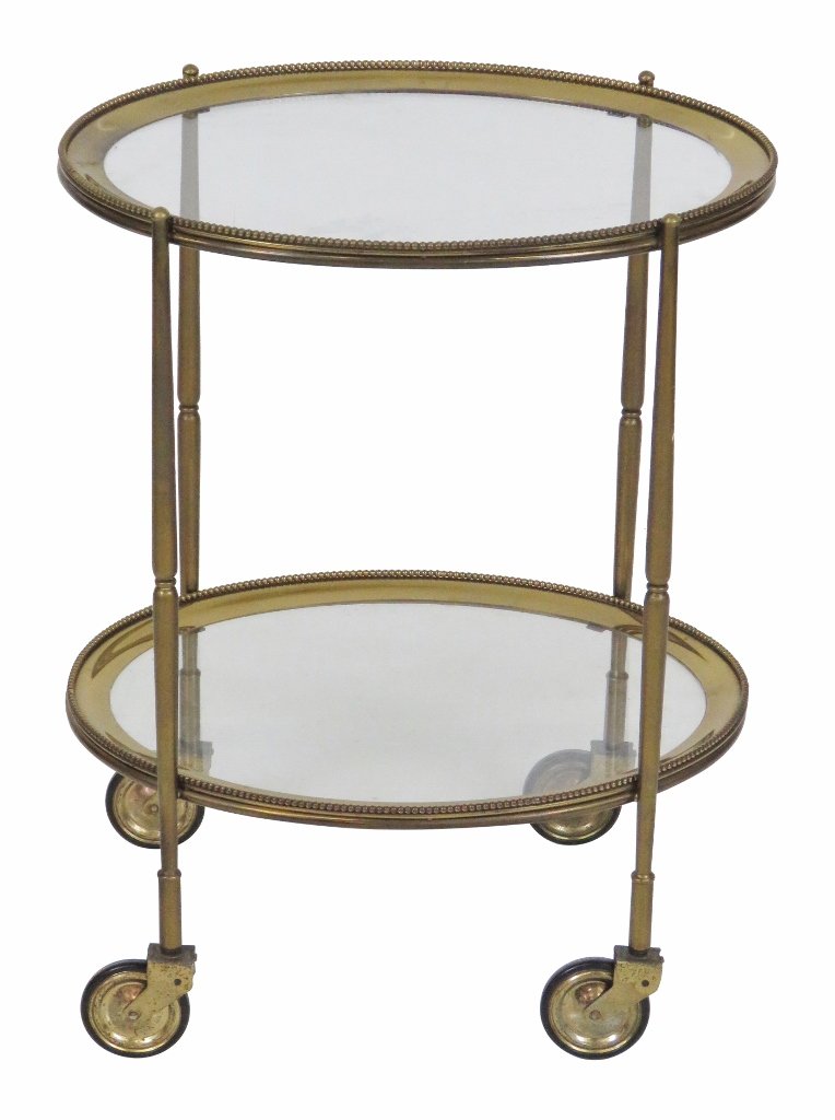 OVAL BRASS & GLASS BAR CART: Brass with glass shelves. 25"h. x 19 1/2"w. x 15 1/2"d.