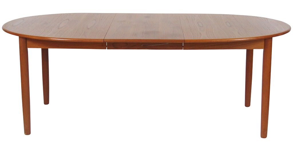 MOLLER MODERN DESIGN TEAK DINING TABLE: Teak. 28 1/4"h. x 59 1/4"w. x 41 3/4"d. Two 19 1/4"w. boards.
