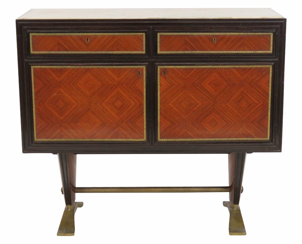 BORSANI STYLE TEAK & EBONIZED COMMODE: Teak with parquetry doors. Brass feet, mouldings and door pulls. Marble top. 40"h. x 46"w. x 18 1/2"d.