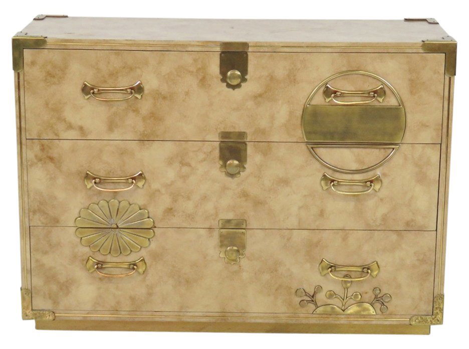 MASTERCRAFT FAUX PARCHMENT CAMPAIGN CHEST: Brass mounts. Labeled on back. 31"h. x 43"w. x 16"d.
