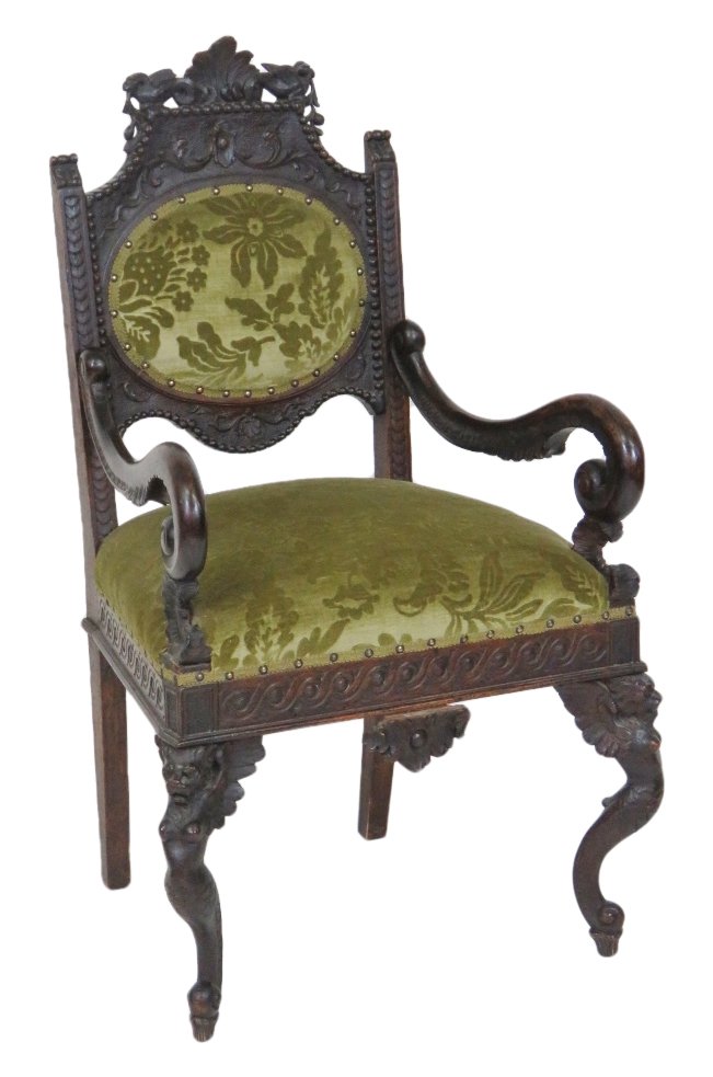 19th c. CONTINENTAL FIGURAL CARVED ARMCHAIR (1 of 7)