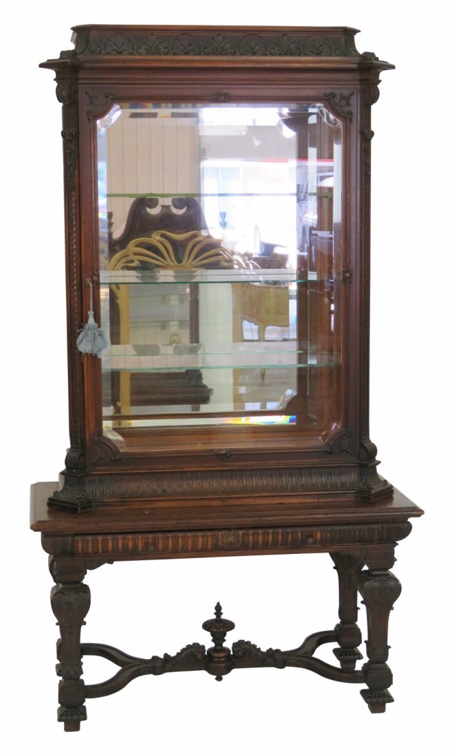 ANTIQUE FRENCH STYLE CARVED WALNUT CHINA CABINET (1 of 7)