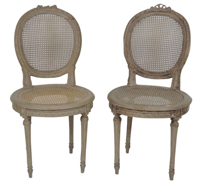 Pair LOUIS XVI STYLE GREY PAINTED CANED SIDE CHAIRS (1 of 6)