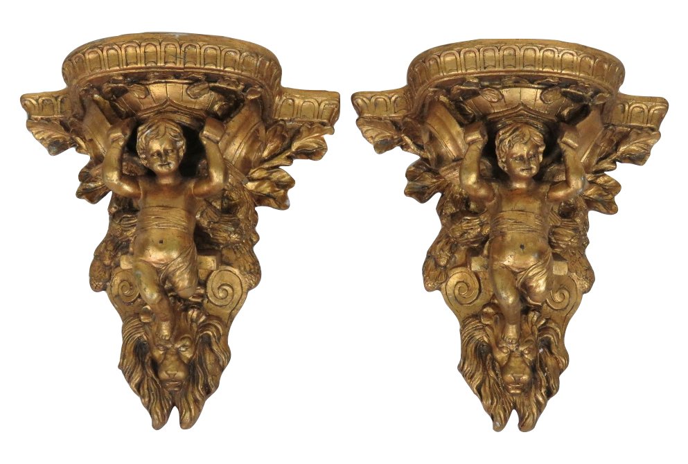 Pair GILT WALL BRACKET SHELVES w/ PUTTIS (1 of 7)