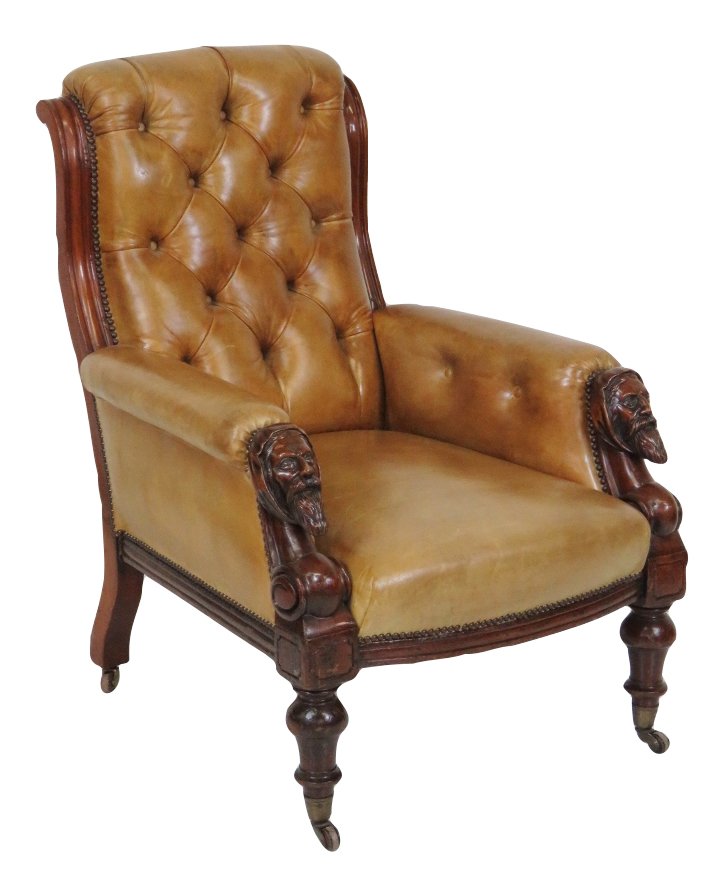 ENGLISH FIGURAL CARVED TUFTED LEATHER ARMCHAIR (1 of 6)