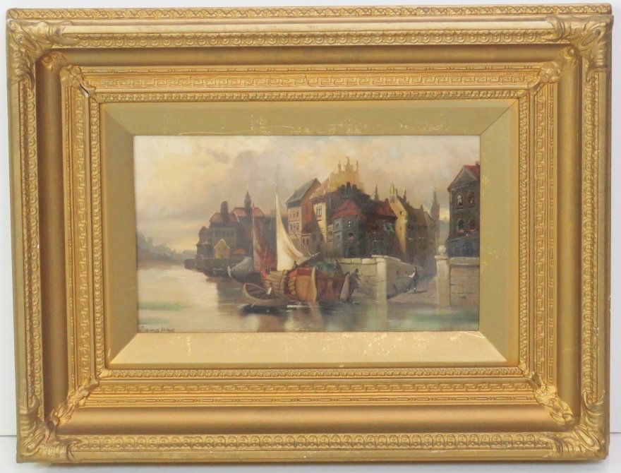 OIL PAINTING SAILING SHIPS in HARBOR (1 of 5)
