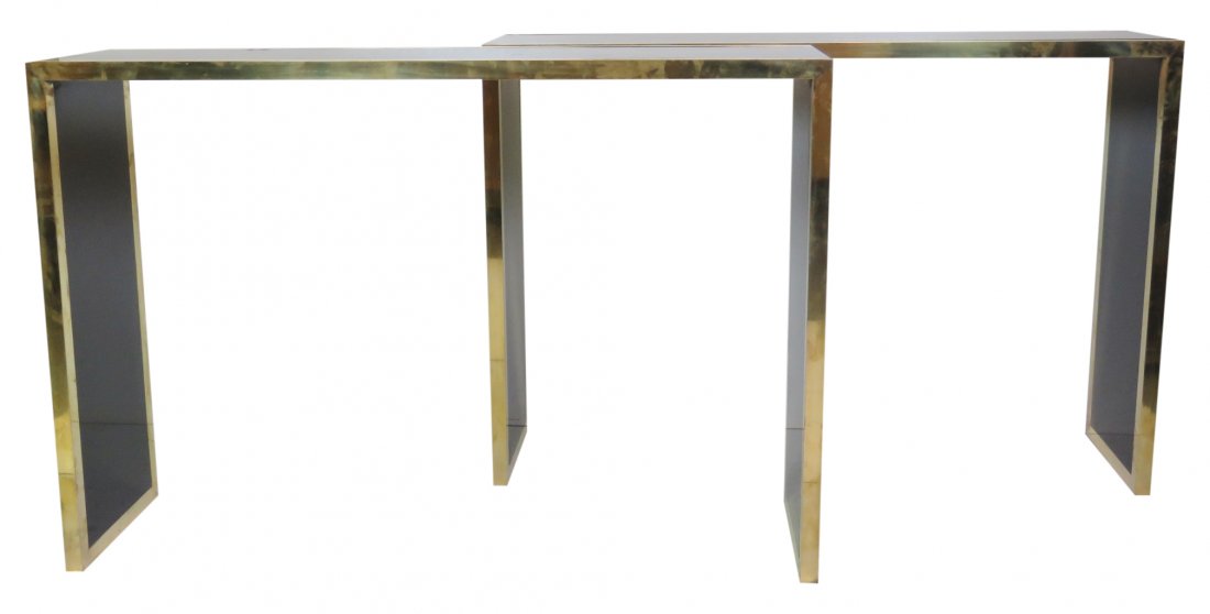 Pair BRASS & BLACK LAMINATE CONSOLE TABLES (1 of 4)