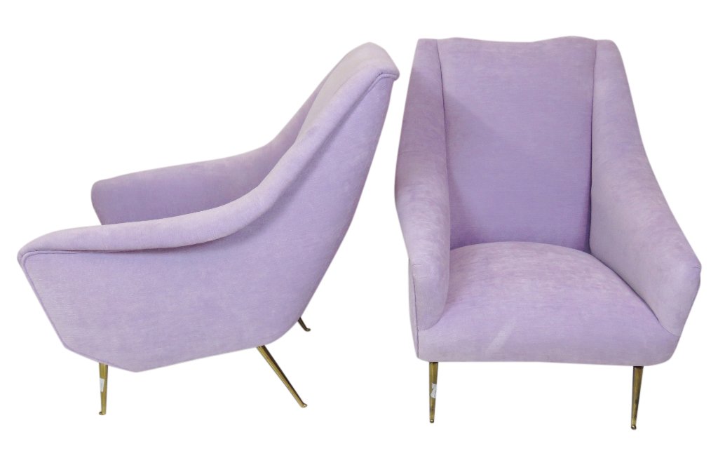 Pair MODERN ITALIAN BRASS LEG LOUNGE CHAIRS (1 of 5)