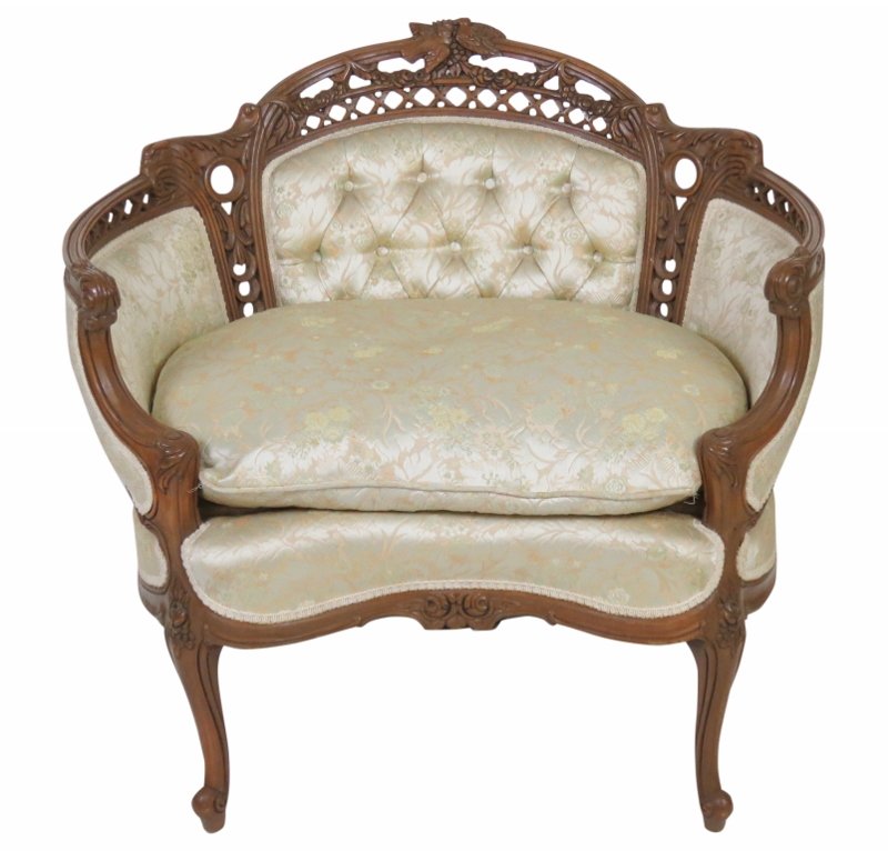 LOUIS XV STYLE SETTEE w/ BIRDS: Light walnut finish. 32 1/4"h. x 34 3/4"w. x 28"d.