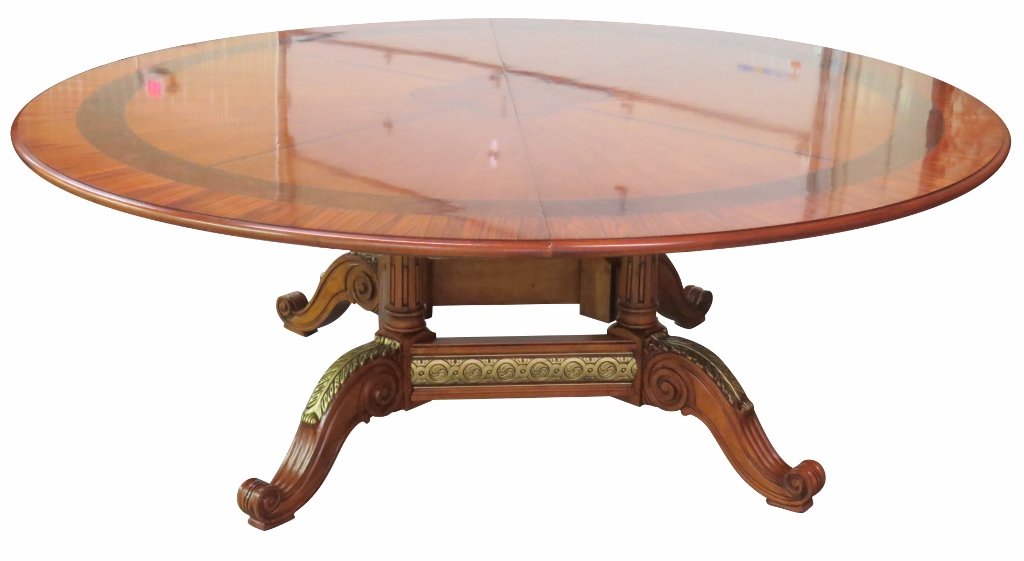 HENREDON INLAID & GILT DINING TABLE: Inlaid top with gilt plume base. 30"h. x 84"diam.