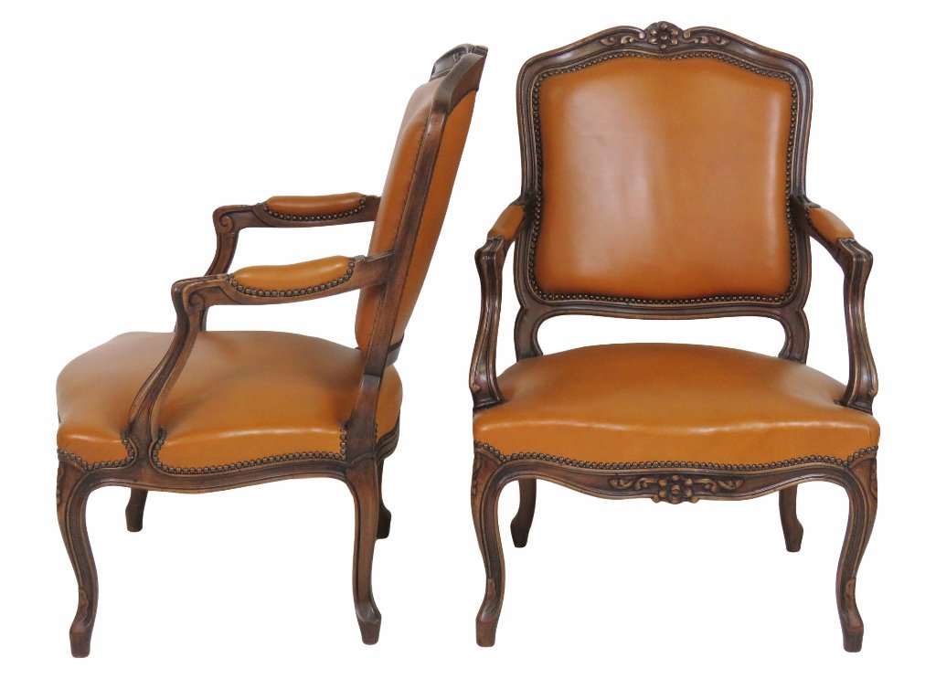 Pair LOUIS XVI STYLE CARVED WALNUT FAUTEUILS (1 of 4)