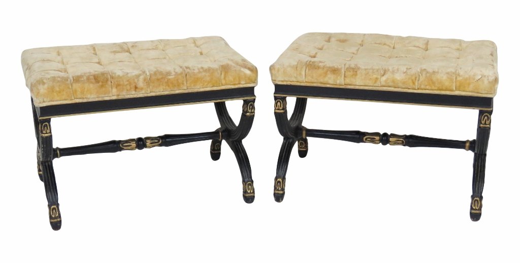 Pair REGENCY STYLE EBONIZED & GILT TUFTED STOOLS (1 of 3)