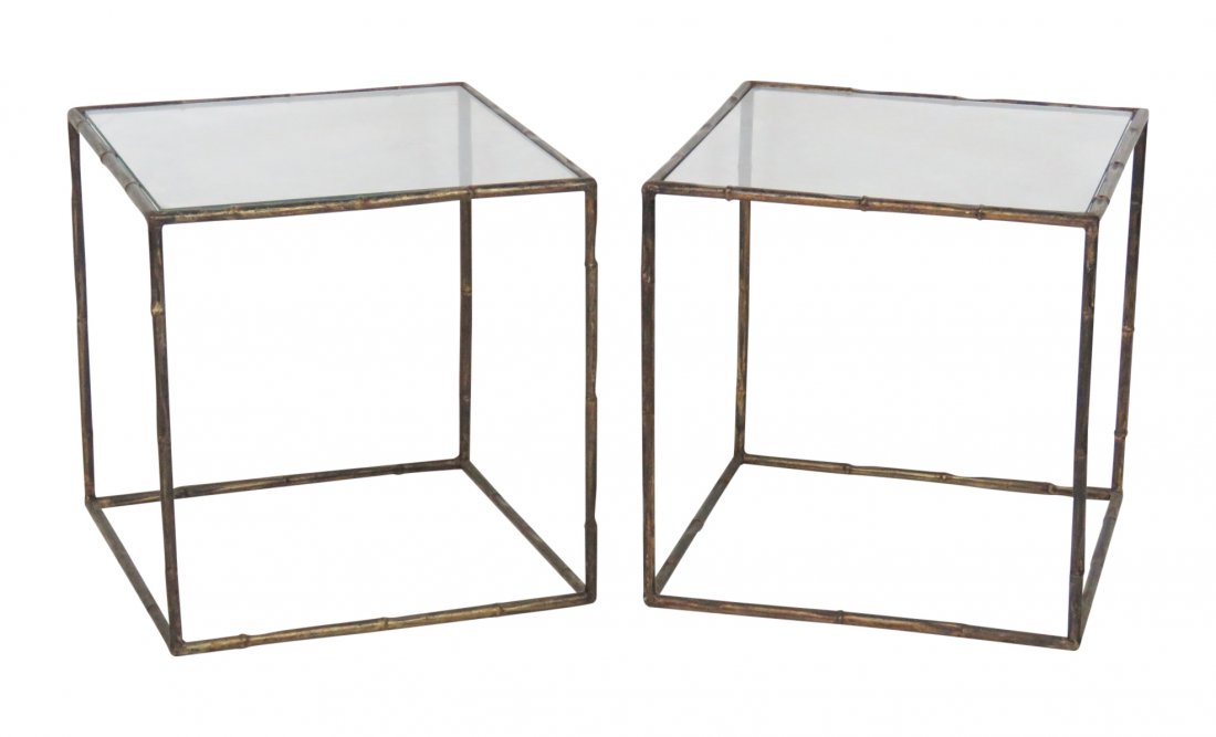 Pair FAUX BAMBOO METAL GLASSTOP SIDE TABLES (1 of 4)