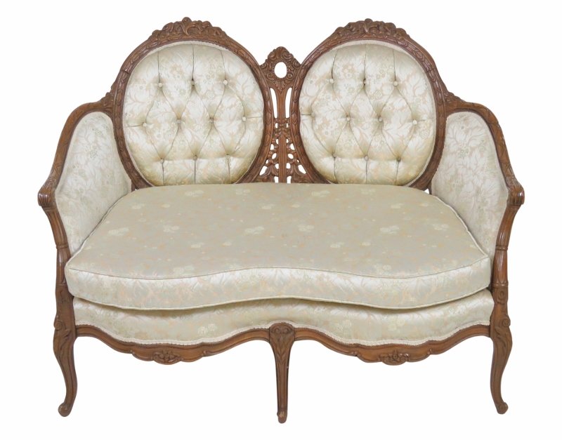 LOUIS XVI STYLE CARVED LOVESEAT: Light walnut finish. 36 3/4"h. x 48"w. x 31"d.